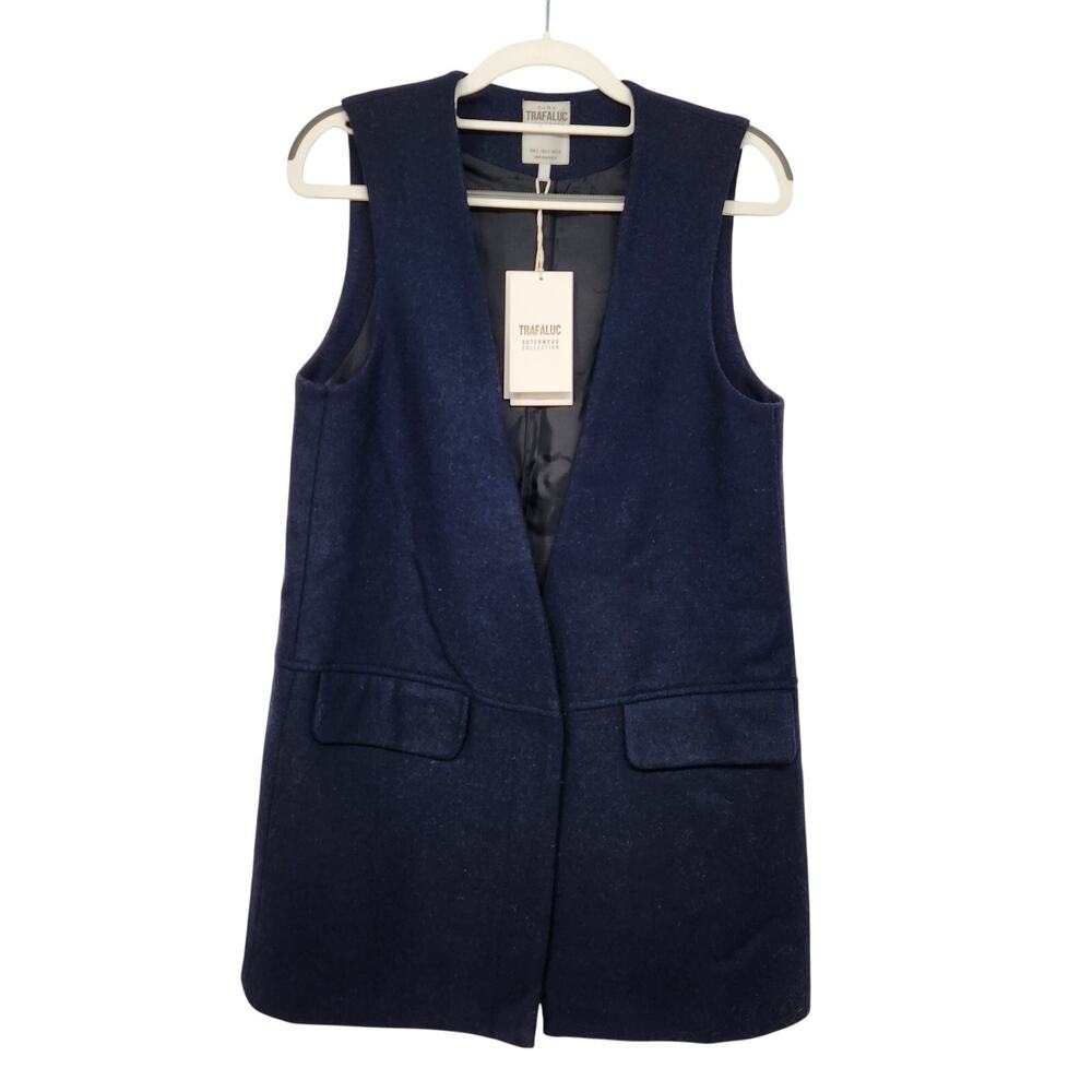 NWT Zara Trafaluc Navy 100% Wool Long Cardigan Vest Women's‎ S
